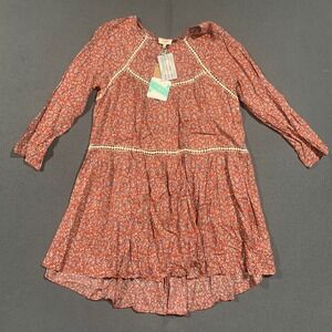 Umgee Womens Rust Floral Boho Tiered Tunic Dress Crochet Trim L Prairie NEW